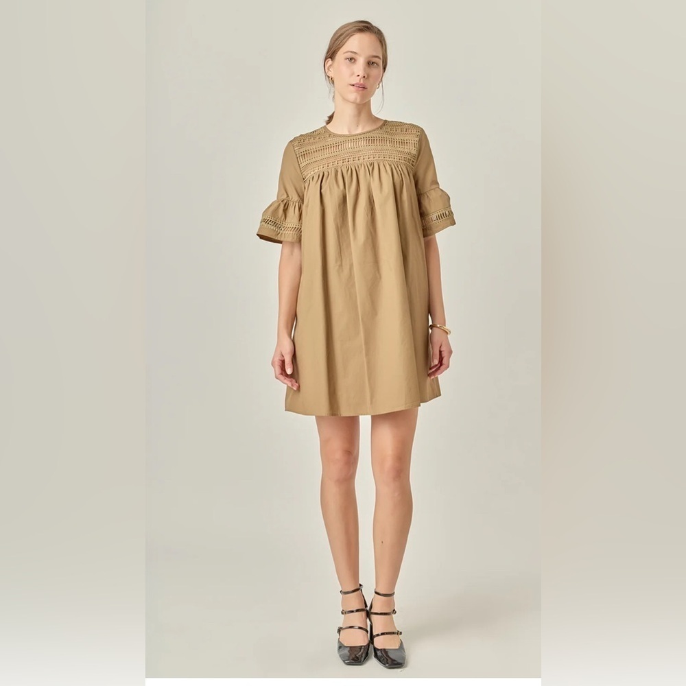 ENGLISH FACTORY LACE DETAIL MINI DRESS MINIMALIST TAN COLOR NWOT
